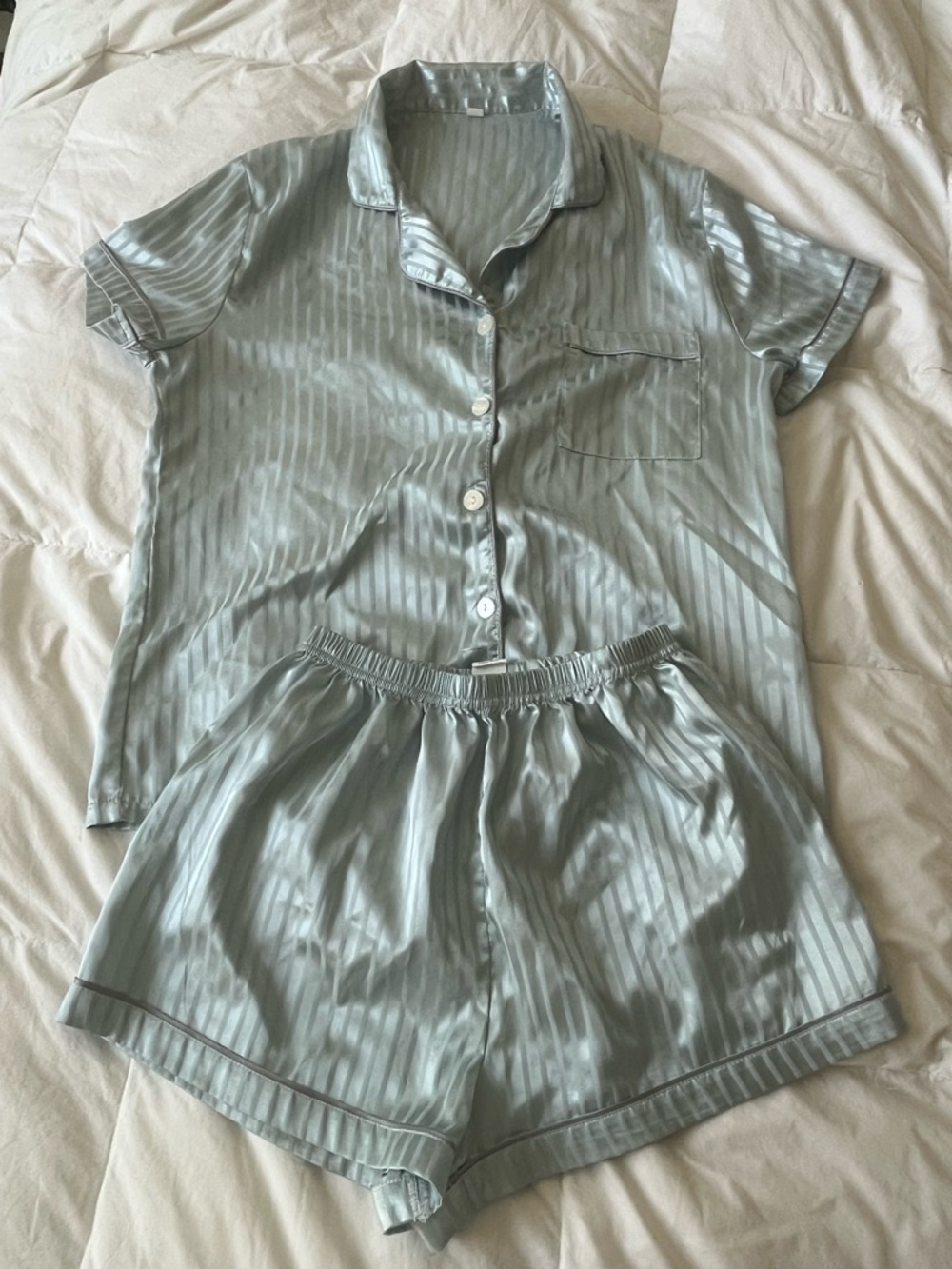 Satin Short Pajama Set in Light Silver Blue